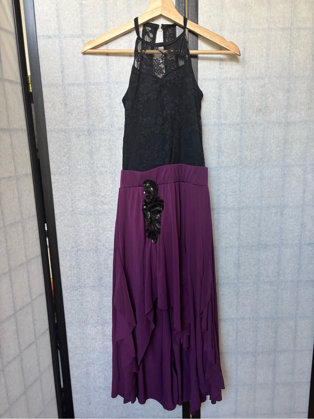 Dance costume Black Lace and Purple with high-low skirt and Beaded Detail